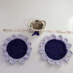 Crochet Purple Flower Coasters with Basket -NEW